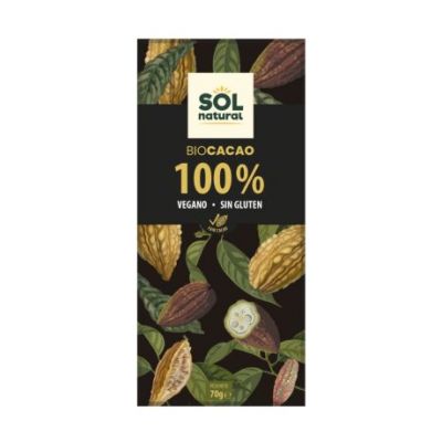 Chocolate Puro 100 Cacao SinGluten Bio Vegan 70g Solnatural