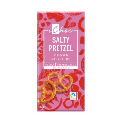 Bretzel salé au chocolat avec morceaux de bretzel végétalien 80g Ichoc